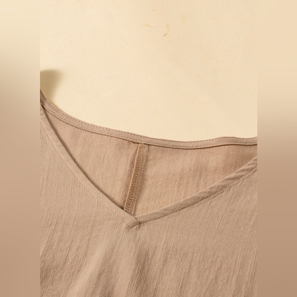 Light French Beige Loose Ruffled V Neck Blouse Bohemian Top - Picture 10 of 14